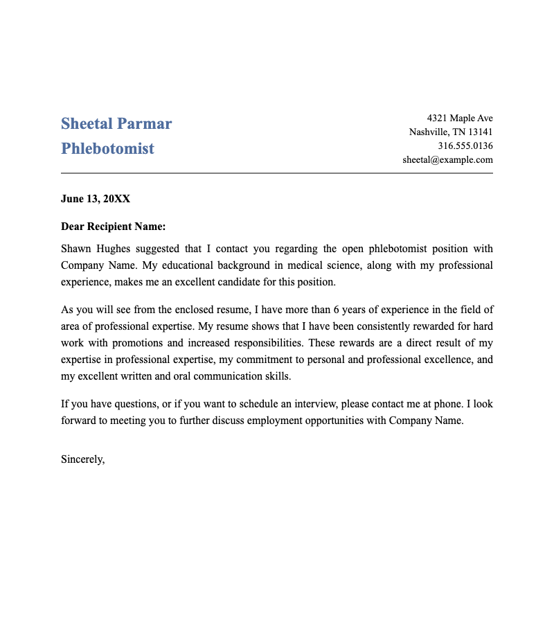 Resume cover letter when referred - Professional cover letter template with referral mention, ideal for healthcare job applications. Clean header layout.